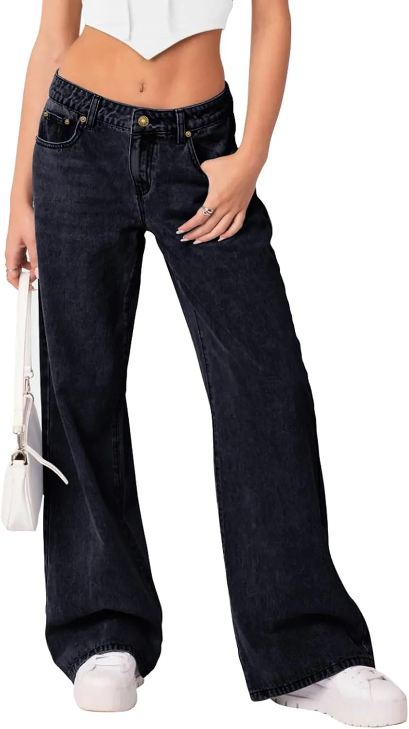 NIMIN Womens Mid Waist Jeans Loose Straight Wide Leg Boyfriend Jeans Casual Y2K Denim Pants with Pockets