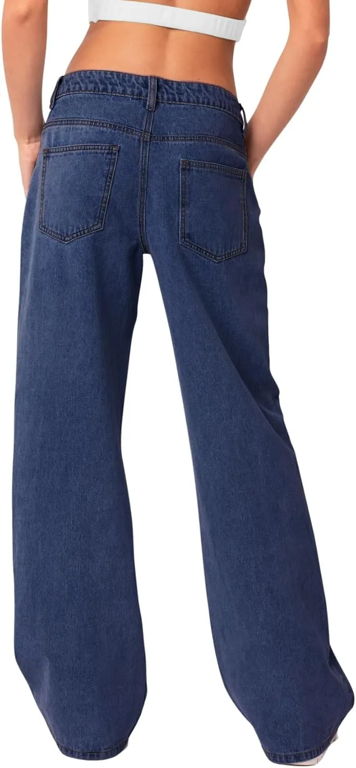 NIMIN Womens Mid Waist Jeans Loose Straight Wide Leg Boyfriend Jeans Casual Y2K Denim Pants with Pockets