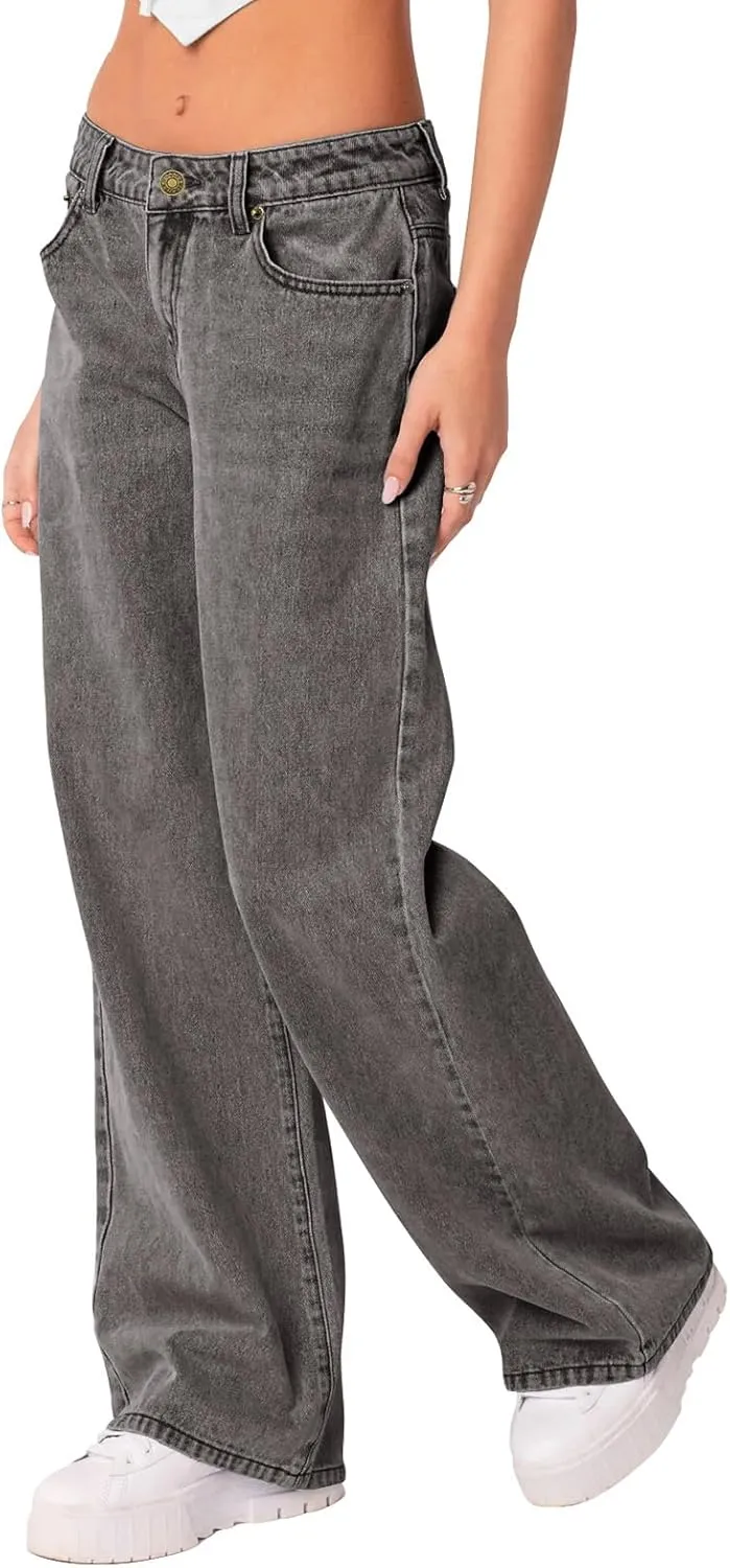NIMIN Womens Mid Waist Jeans Loose Straight Wide Leg Boyfriend Jeans Casual Y2K Denim Pants with Pockets
