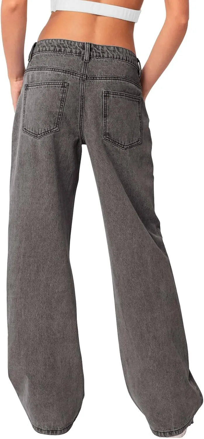 NIMIN Womens Mid Waist Jeans Loose Straight Wide Leg Boyfriend Jeans Casual Y2K Denim Pants with Pockets