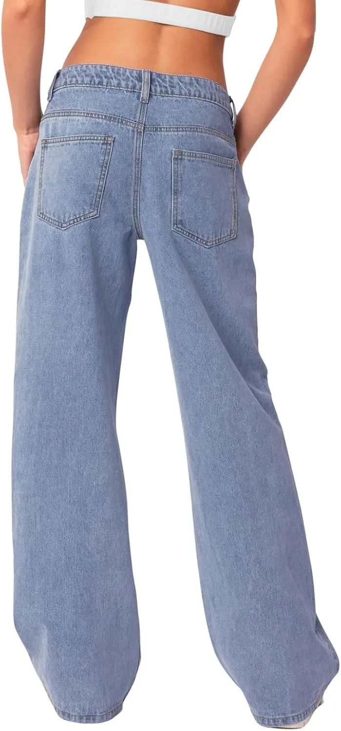 NIMIN Womens Mid Waist Jeans Loose Straight Wide Leg Boyfriend Jeans Casual Y2K Denim Pants with Pockets