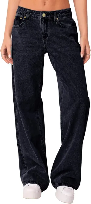 NIMIN Womens Mid Waist Jeans Loose Straight Wide Leg Boyfriend Jeans Casual Y2K Denim Pants with Pockets
