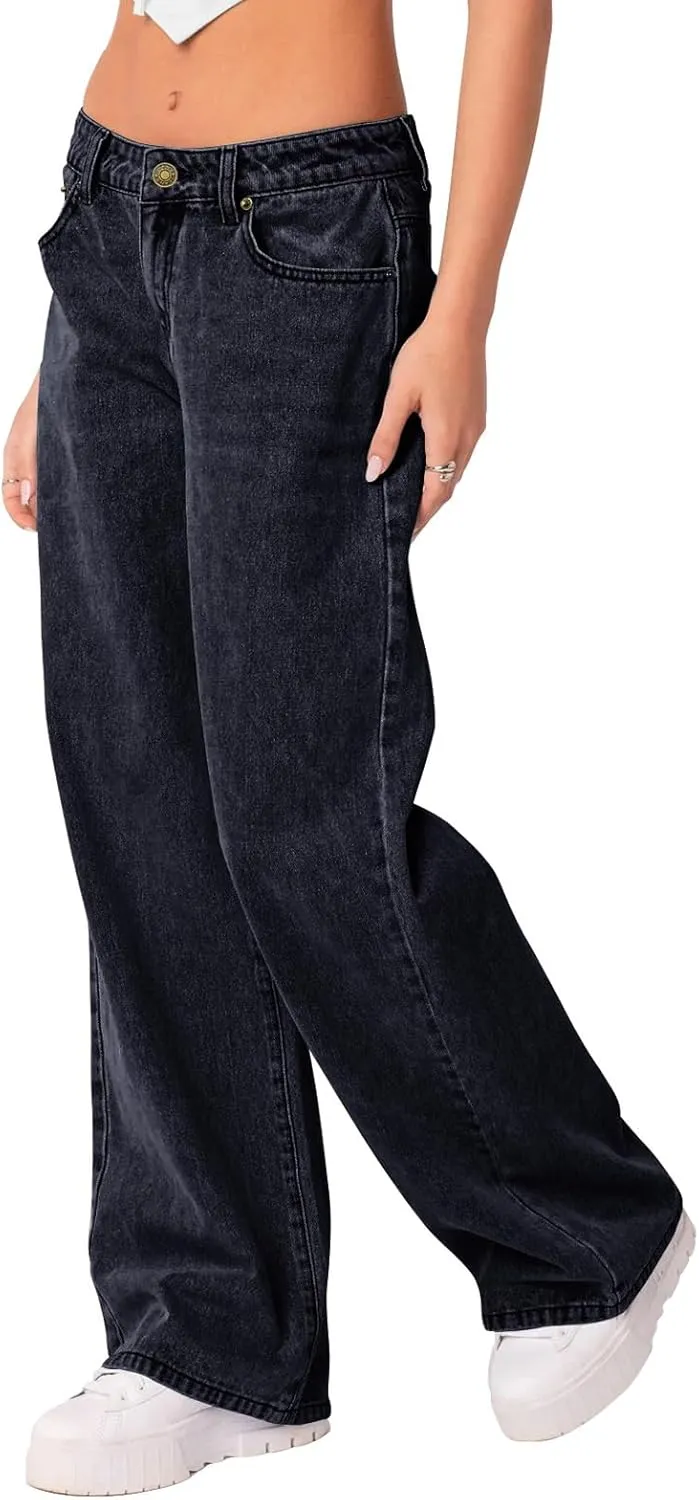 NIMIN Womens Mid Waist Jeans Loose Straight Wide Leg Boyfriend Jeans Casual Y2K Denim Pants with Pockets