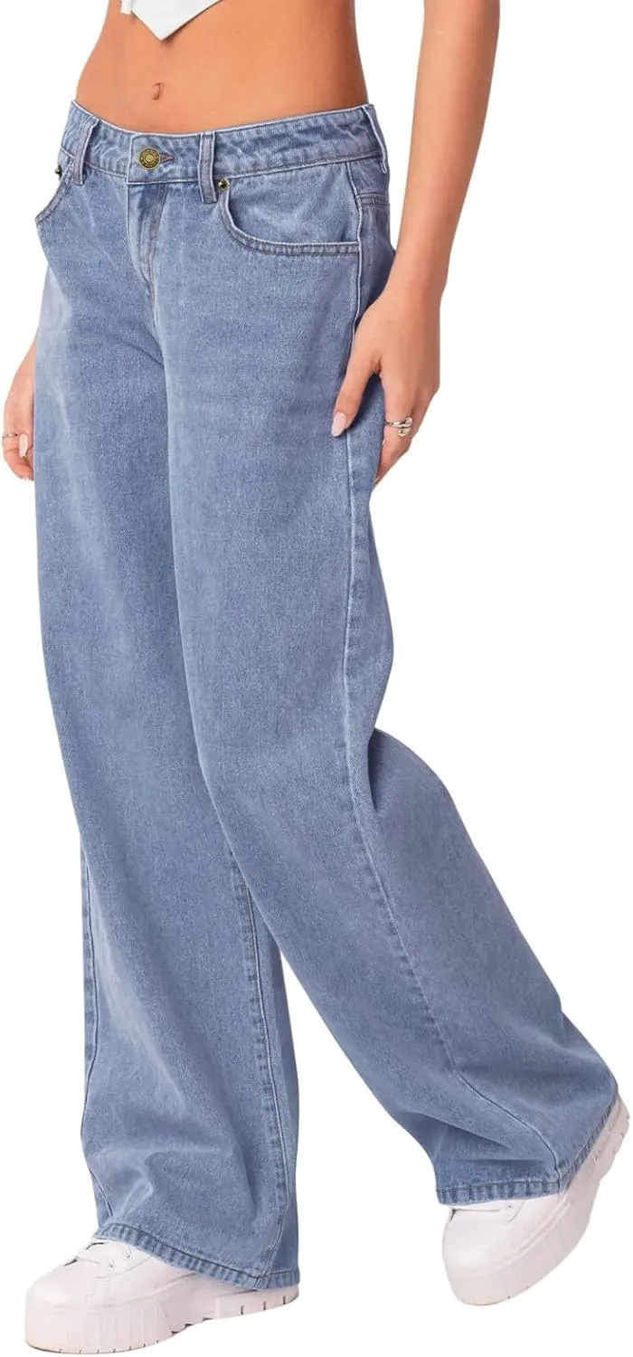 NIMIN Womens Mid Waist Jeans Loose Straight Wide Leg Boyfriend Jeans Casual Y2K Denim Pants with Pockets