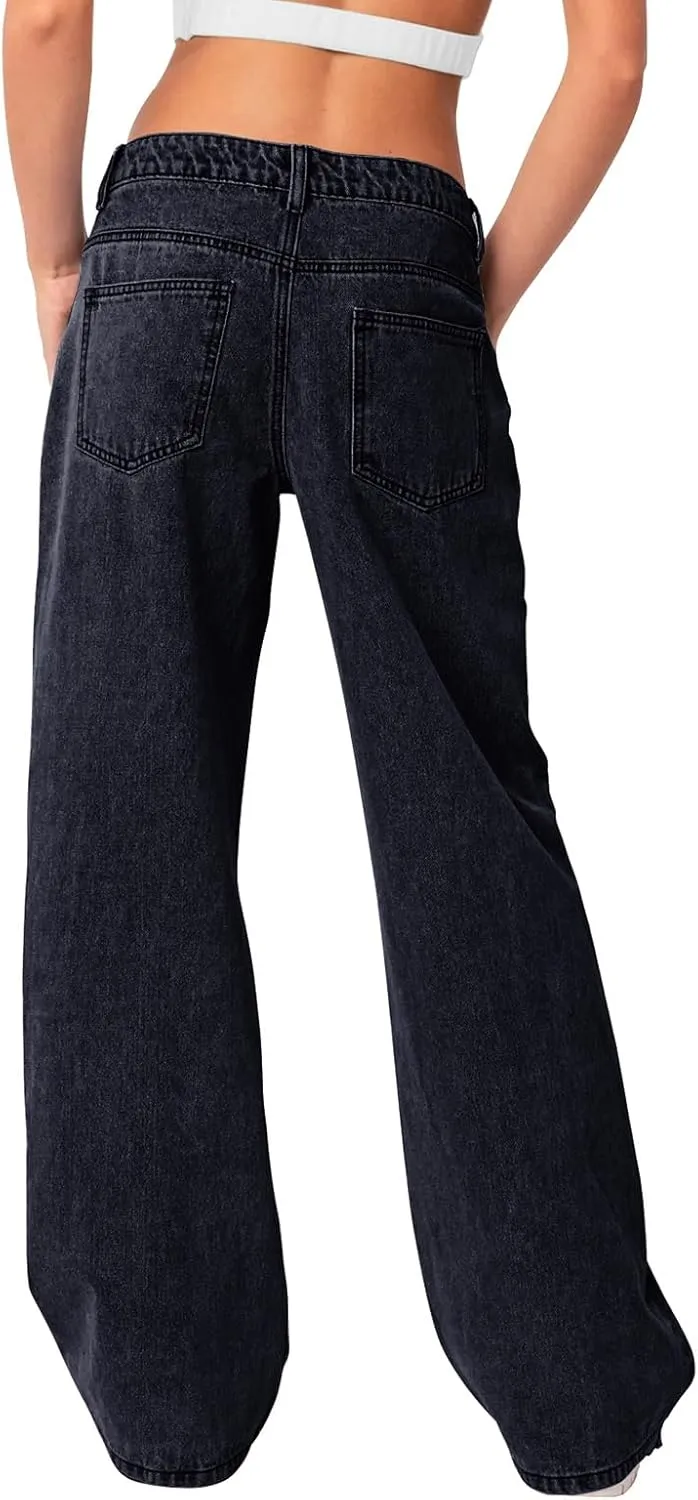 NIMIN Womens Mid Waist Jeans Loose Straight Wide Leg Boyfriend Jeans Casual Y2K Denim Pants with Pockets
