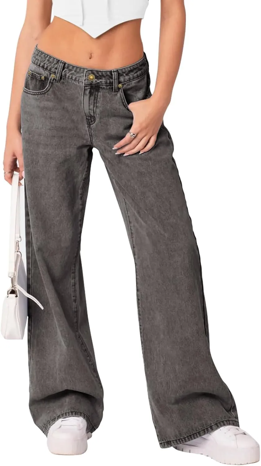 NIMIN Womens Mid Waist Jeans Loose Straight Wide Leg Boyfriend Jeans Casual Y2K Denim Pants with Pockets