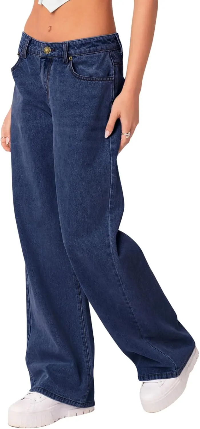 NIMIN Womens Mid Waist Jeans Loose Straight Wide Leg Boyfriend Jeans Casual Y2K Denim Pants with Pockets