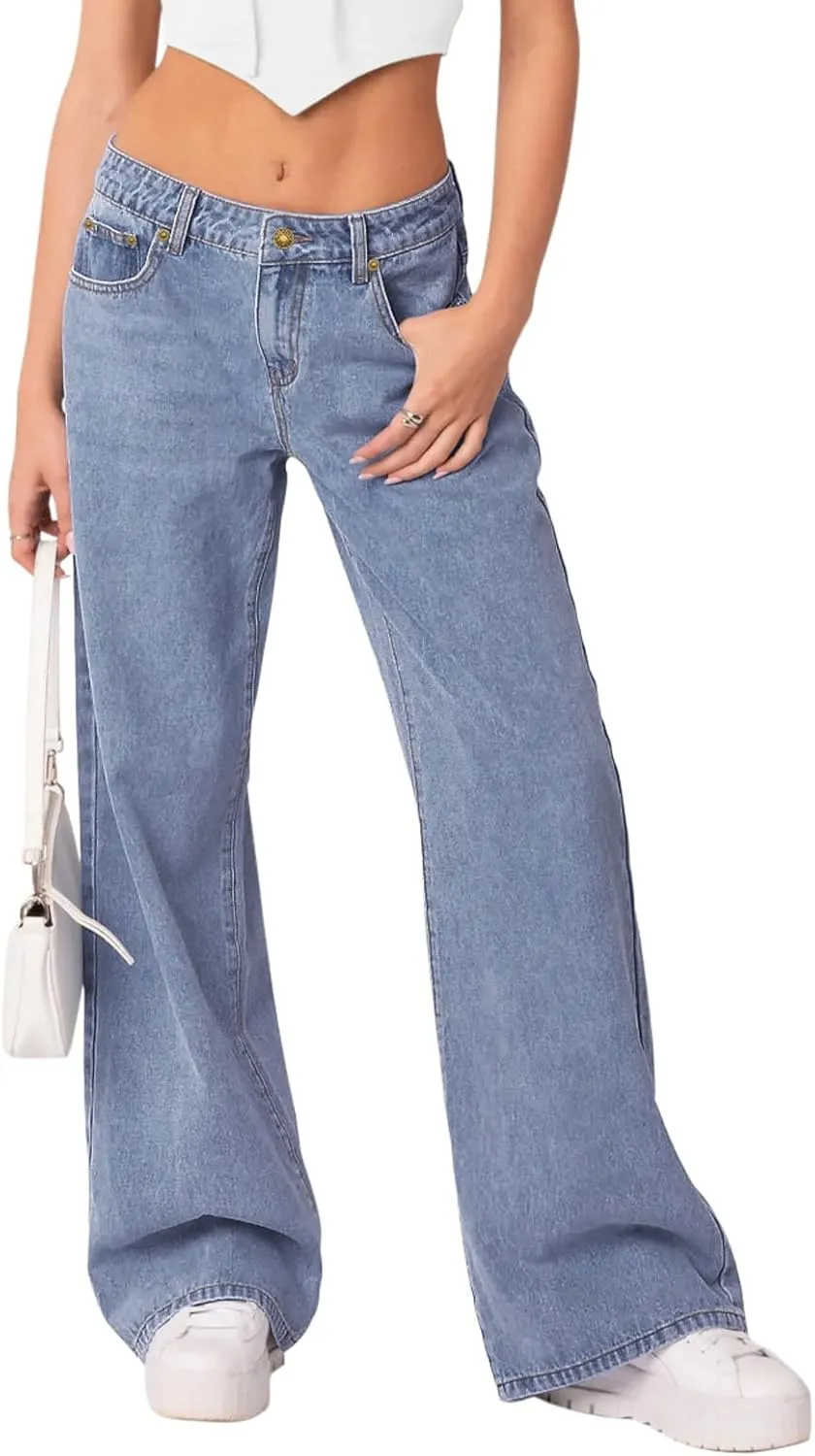 NIMIN Womens Mid Waist Jeans Loose Straight Wide Leg Boyfriend Jeans Casual Y2K Denim Pants with Pockets
