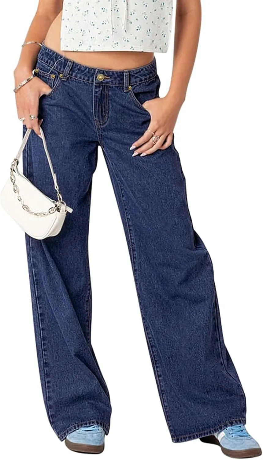 NIMIN Womens Mid Waist Jeans Loose Straight Wide Leg Boyfriend Jeans Casual Y2K Denim Pants with Pockets