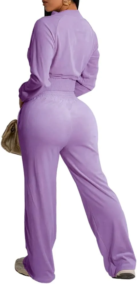 Nimsruc 2 Piece Outfits Velour Tracksuit For Women Zip Up Short Style Velvet Jogger Sweatsuit Matching Sets For Women