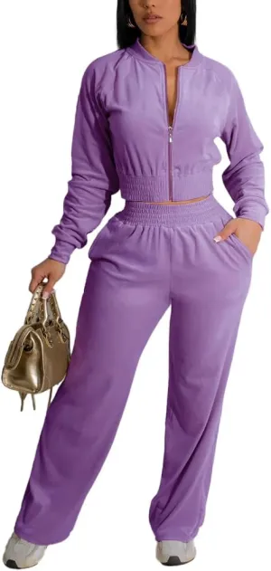 Nimsruc 2 Piece Outfits Velour Tracksuit For Women Zip Up Short Style Velvet Jogger Sweatsuit Matching Sets For Women