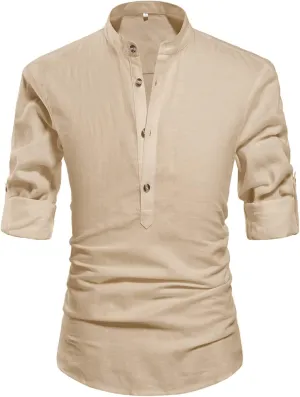 NITAGUT Men Henley Neck Long Sleeve Daily Look Linen Shirts