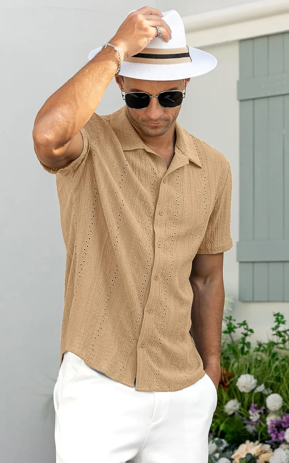 NITAGUT Men's Short Sleeve Shirts Casual Button Down Shirts Vacation Beach Summer Hollow Out Tops