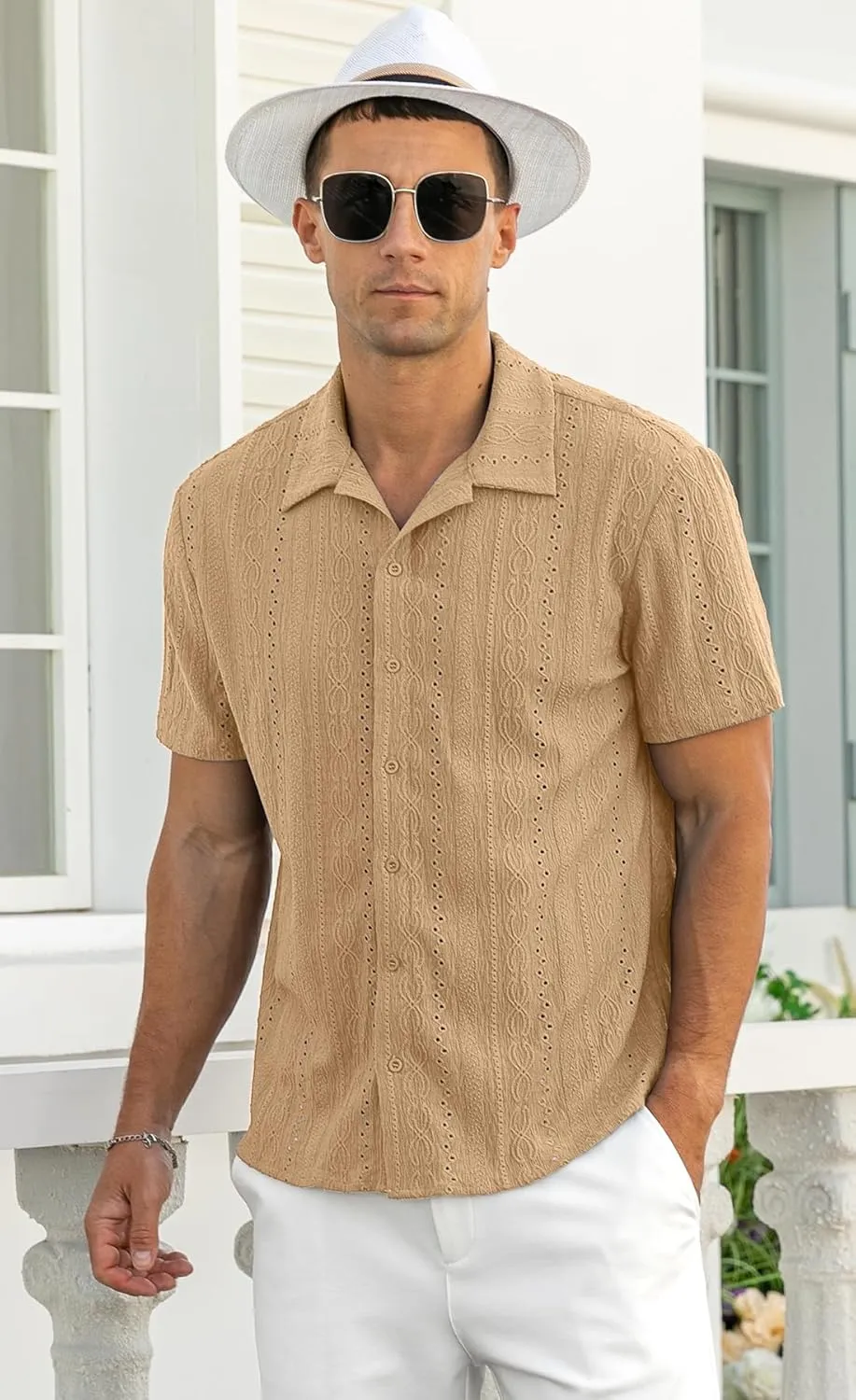 NITAGUT Men's Short Sleeve Shirts Casual Button Down Shirts Vacation Beach Summer Hollow Out Tops