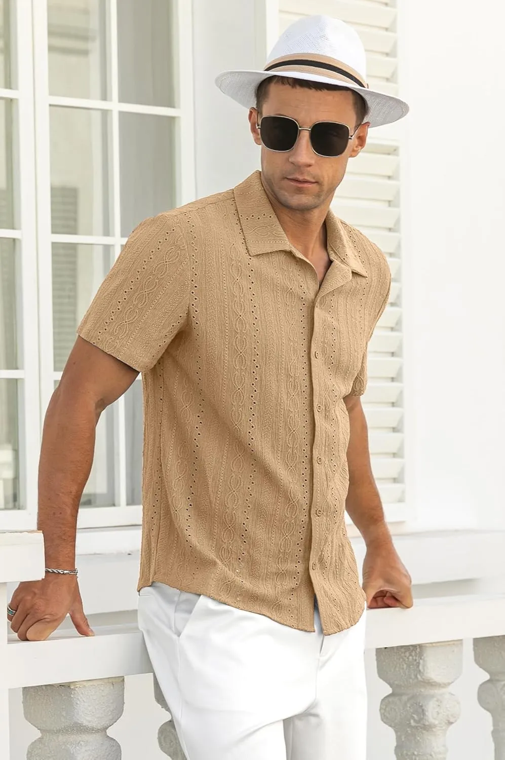 NITAGUT Men's Short Sleeve Shirts Casual Button Down Shirts Vacation Beach Summer Hollow Out Tops