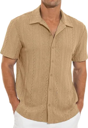 NITAGUT Men's Short Sleeve Shirts Casual Button Down Shirts Vacation Beach Summer Hollow Out Tops