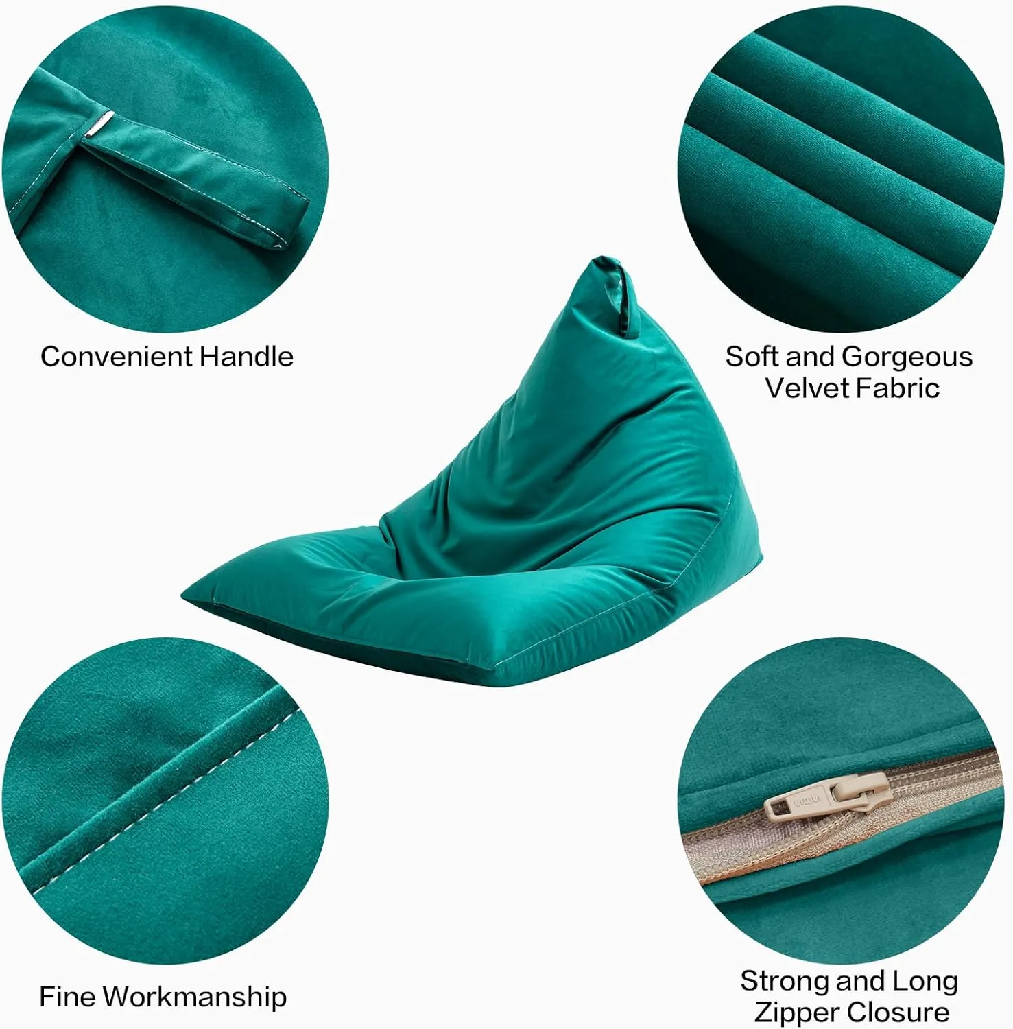 Nobildonna 4ft Bean Bag Chair Cover (No Filler) for Adults, 400L Extra Large Premium Velvet Beanbag Chair Cover, Washable Beanbag Without Filling Ultra Soft Triangular Lazy Sofa Cover (Dark Green)