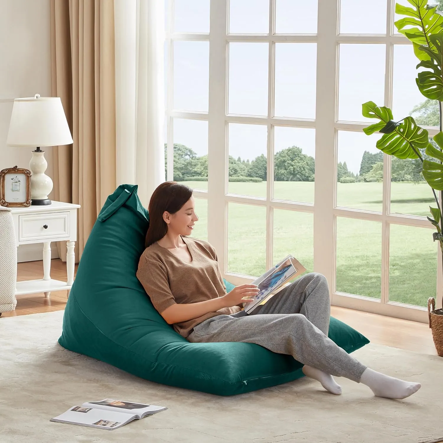 Nobildonna 4ft Bean Bag Chair Cover (No Filler) for Adults, 400L Extra Large Premium Velvet Beanbag Chair Cover, Washable Beanbag Without Filling Ultra Soft Triangular Lazy Sofa Cover (Dark Green)