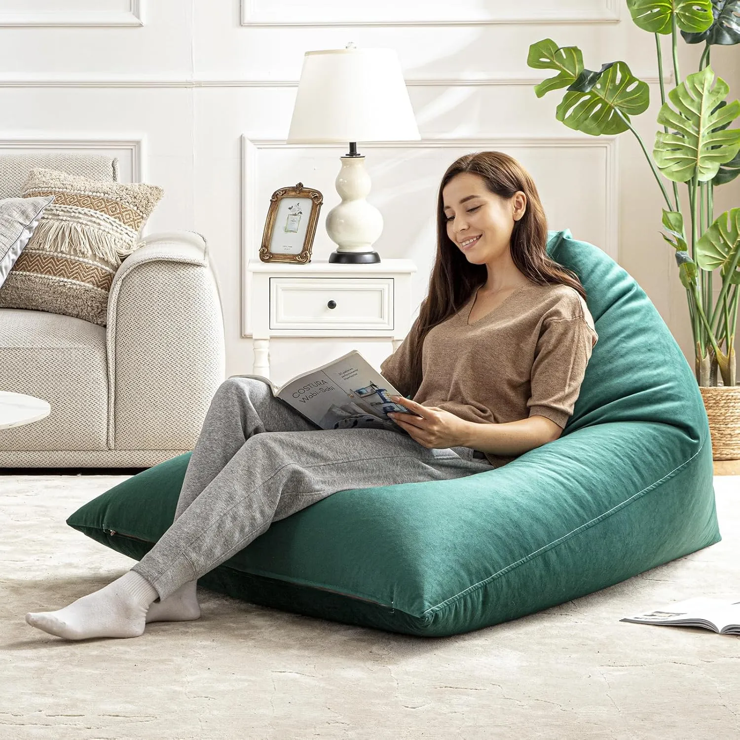Nobildonna 4ft Bean Bag Chair Cover (No Filler) for Adults, 400L Extra Large Premium Velvet Beanbag Chair Cover, Washable Beanbag Without Filling Ultra Soft Triangular Lazy Sofa Cover (Dark Green)