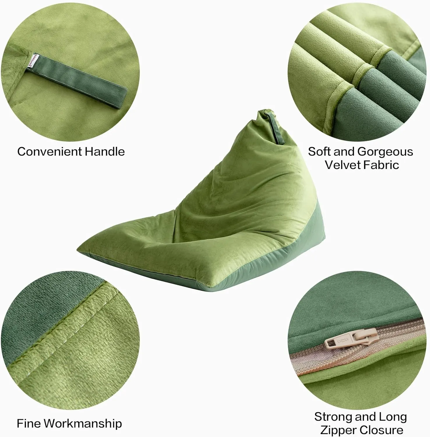 Nobildonna 4ft Bean Bag Chair Cover (No Filler) for Adults, 400L Extra Large Premium Velvet Beanbag Chair Cover, Washable Beanbag Without Filling Ultra Soft Triangular Lazy Sofa Cover (Green)
