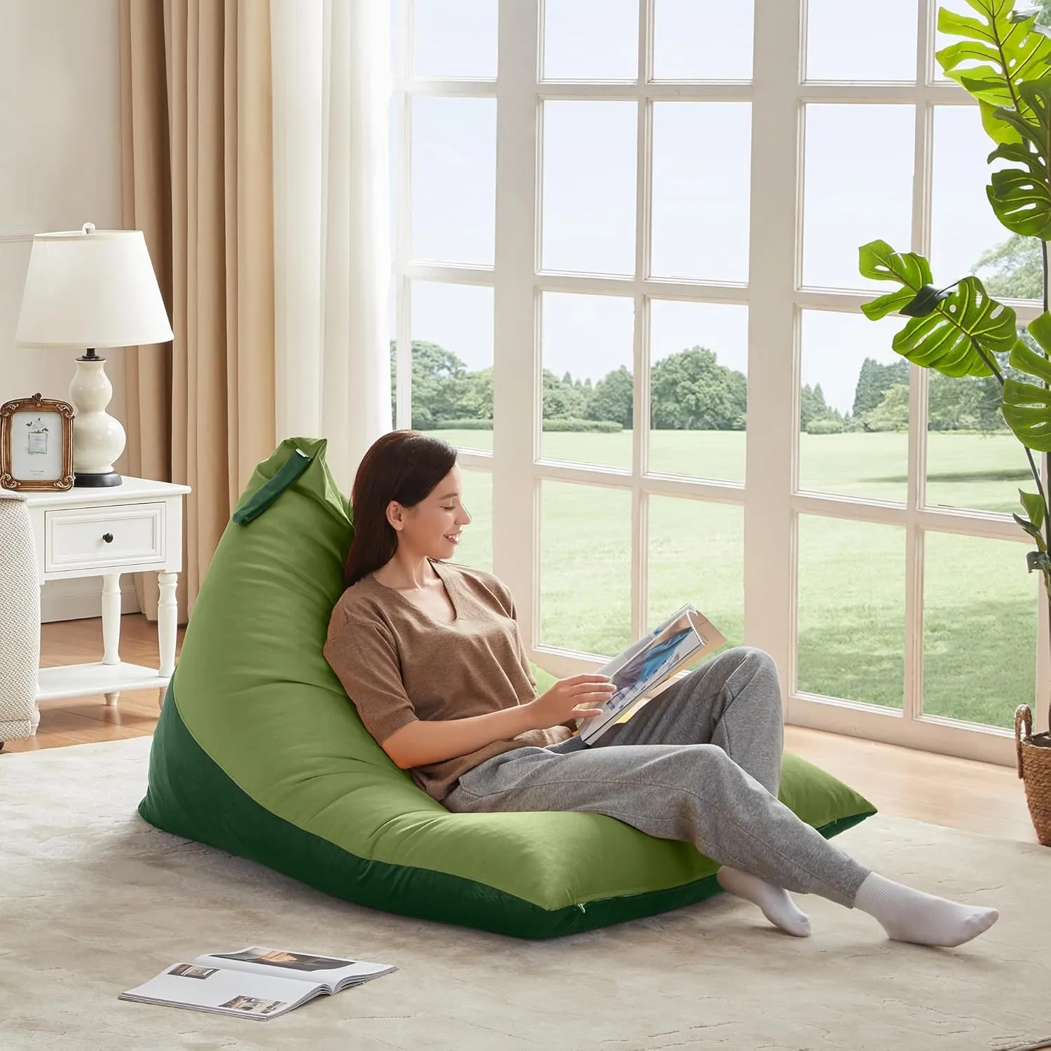 Nobildonna 4ft Bean Bag Chair Cover (No Filler) for Adults, 400L Extra Large Premium Velvet Beanbag Chair Cover, Washable Beanbag Without Filling Ultra Soft Triangular Lazy Sofa Cover (Green)