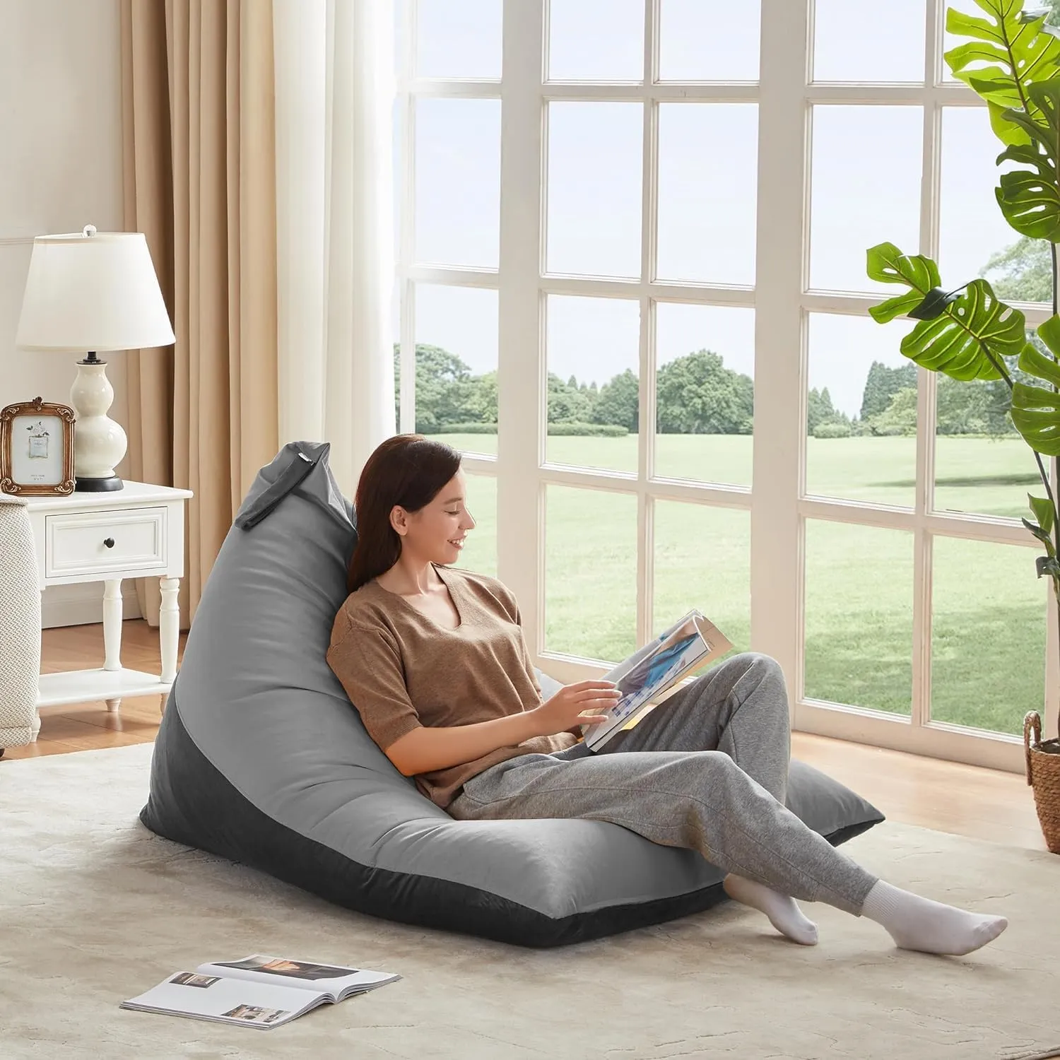 Nobildonna Bean Bag Chair Cover with Bean Bag Inner Liner Cover (No Filler), 400L Extra Large Triangular Removable and Clean Beanbag Chair Cover Ultra Soft Lazy Sofa Premium Velvet Cover (Grey)