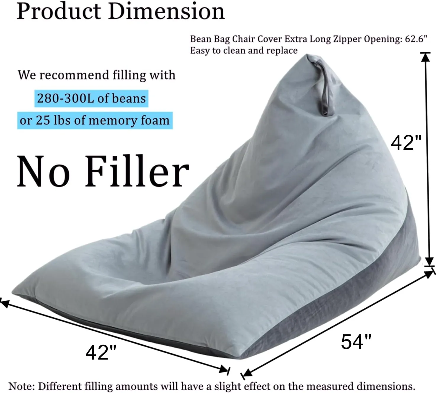 Nobildonna Bean Bag Chair Cover with Bean Bag Inner Liner Cover (No Filler), 400L Extra Large Triangular Removable and Clean Beanbag Chair Cover Ultra Soft Lazy Sofa Premium Velvet Cover (Grey)