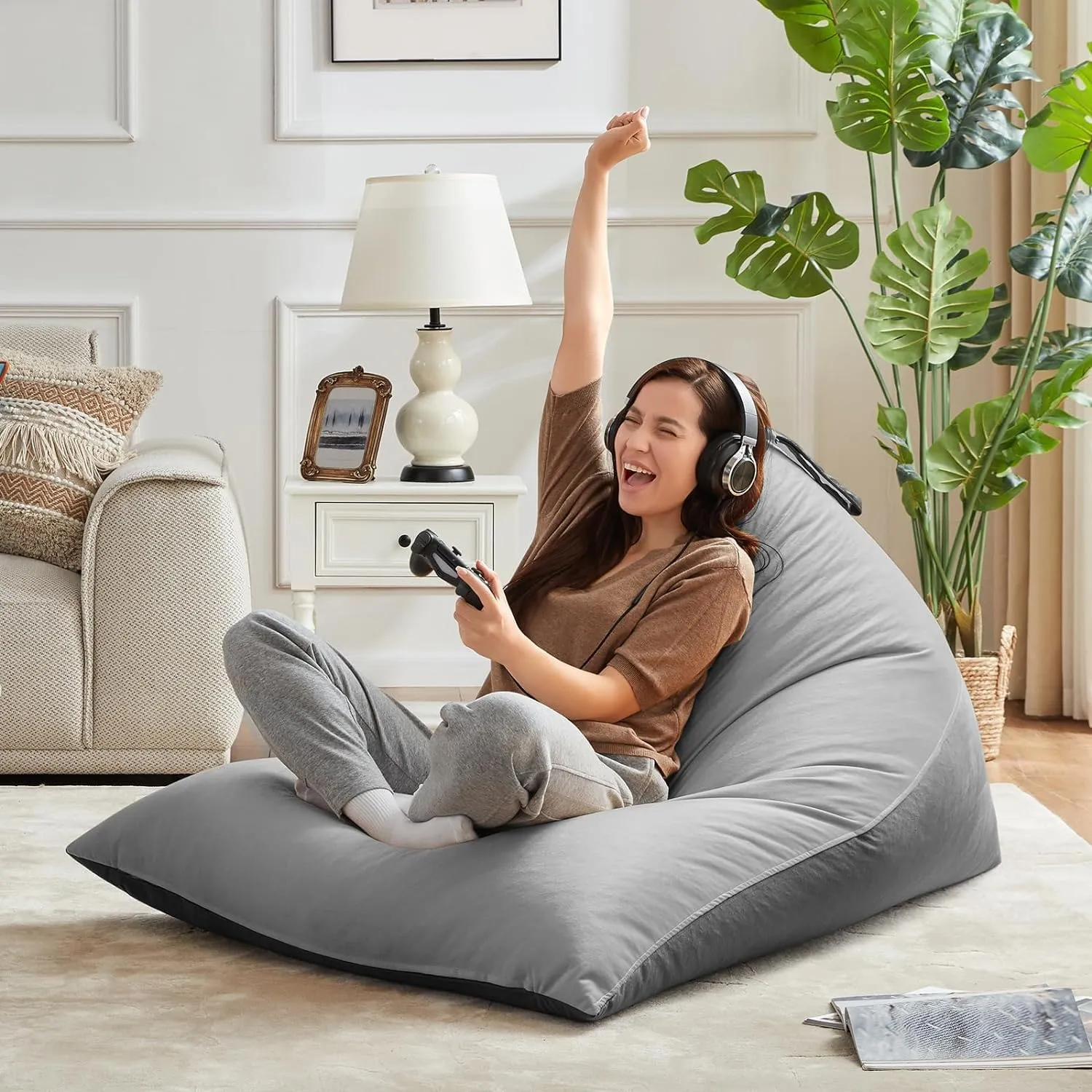 Nobildonna Bean Bag Chair Cover with Bean Bag Inner Liner Cover (No Filler), 400L Extra Large Triangular Removable and Clean Beanbag Chair Cover Ultra Soft Lazy Sofa Premium Velvet Cover (Grey)