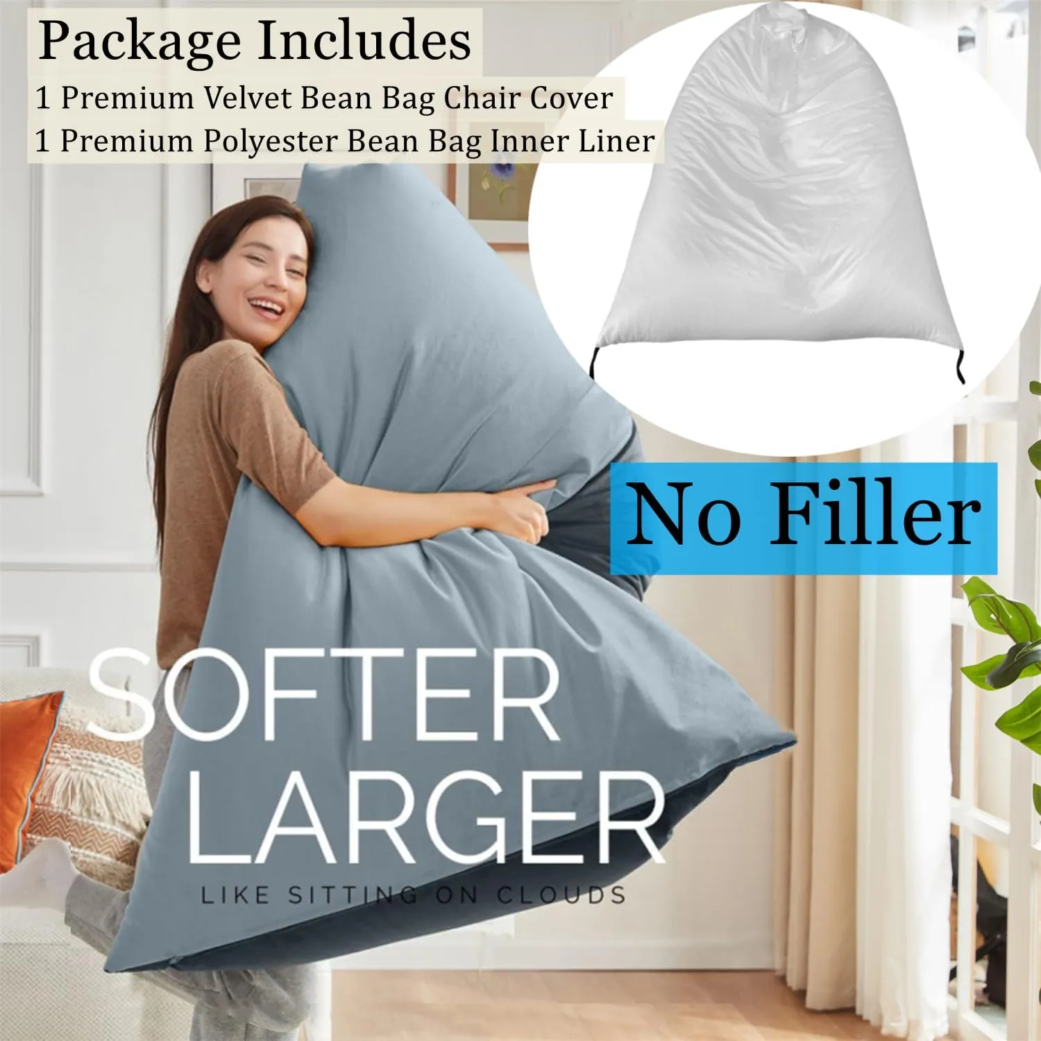 Nobildonna Bean Bag Chair Cover with Bean Bag Inner Liner Cover (No Filler), 400L Extra Large Triangular Removable and Clean Beanbag Chair Cover Ultra Soft Lazy Sofa Premium Velvet Cover (Grey)