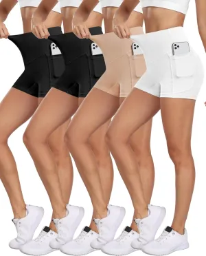 NORMOV 4 Packs Spandex Shorts for Women with Pockets, 3'' High Waisted Tummy Control Booty Yoga Shorts