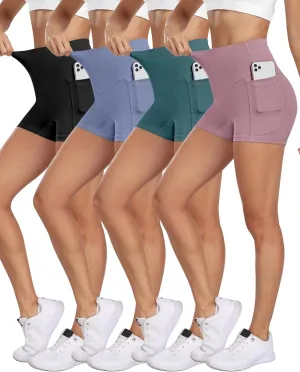 NORMOV 4 Packs Spandex Shorts for Women with Pockets, 3'' High Waisted Tummy Control Booty Yoga Shorts