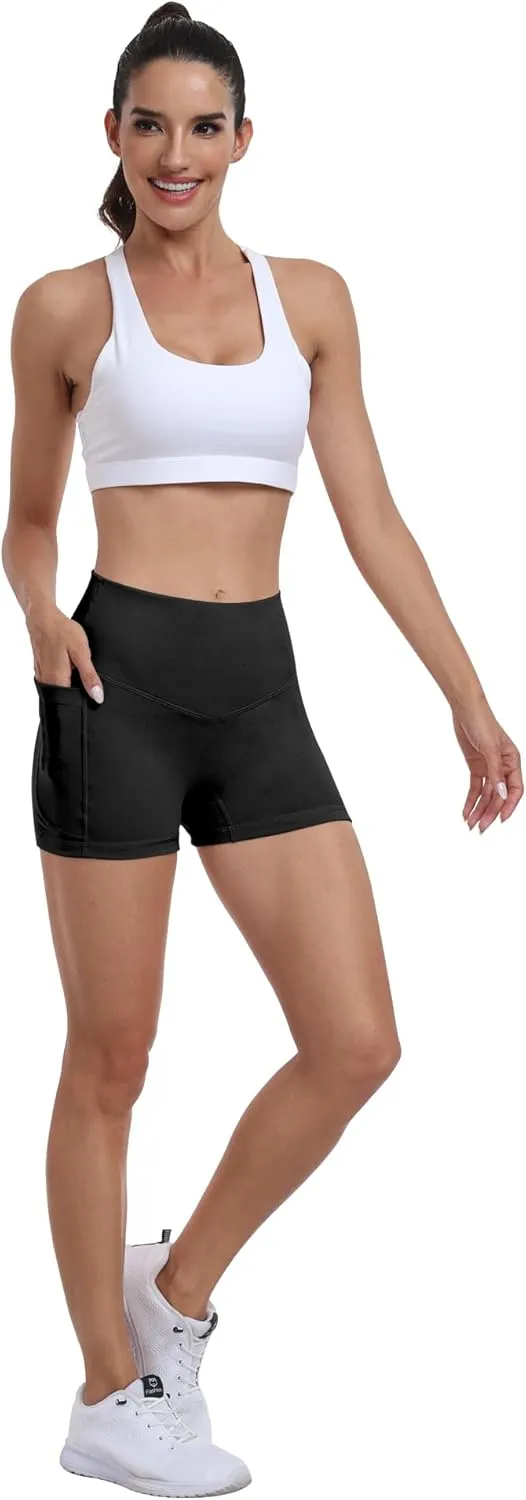 NORMOV 4 Packs Spandex Shorts for Women with Pockets, 3'' High Waisted Tummy Control Booty Yoga Shorts