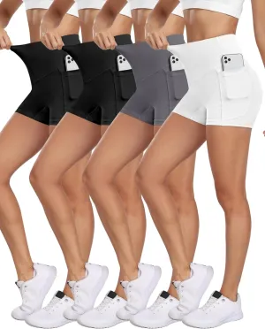 NORMOV 4 Packs Spandex Shorts for Women with Pockets, 3'' High Waisted Tummy Control Booty Yoga Shorts