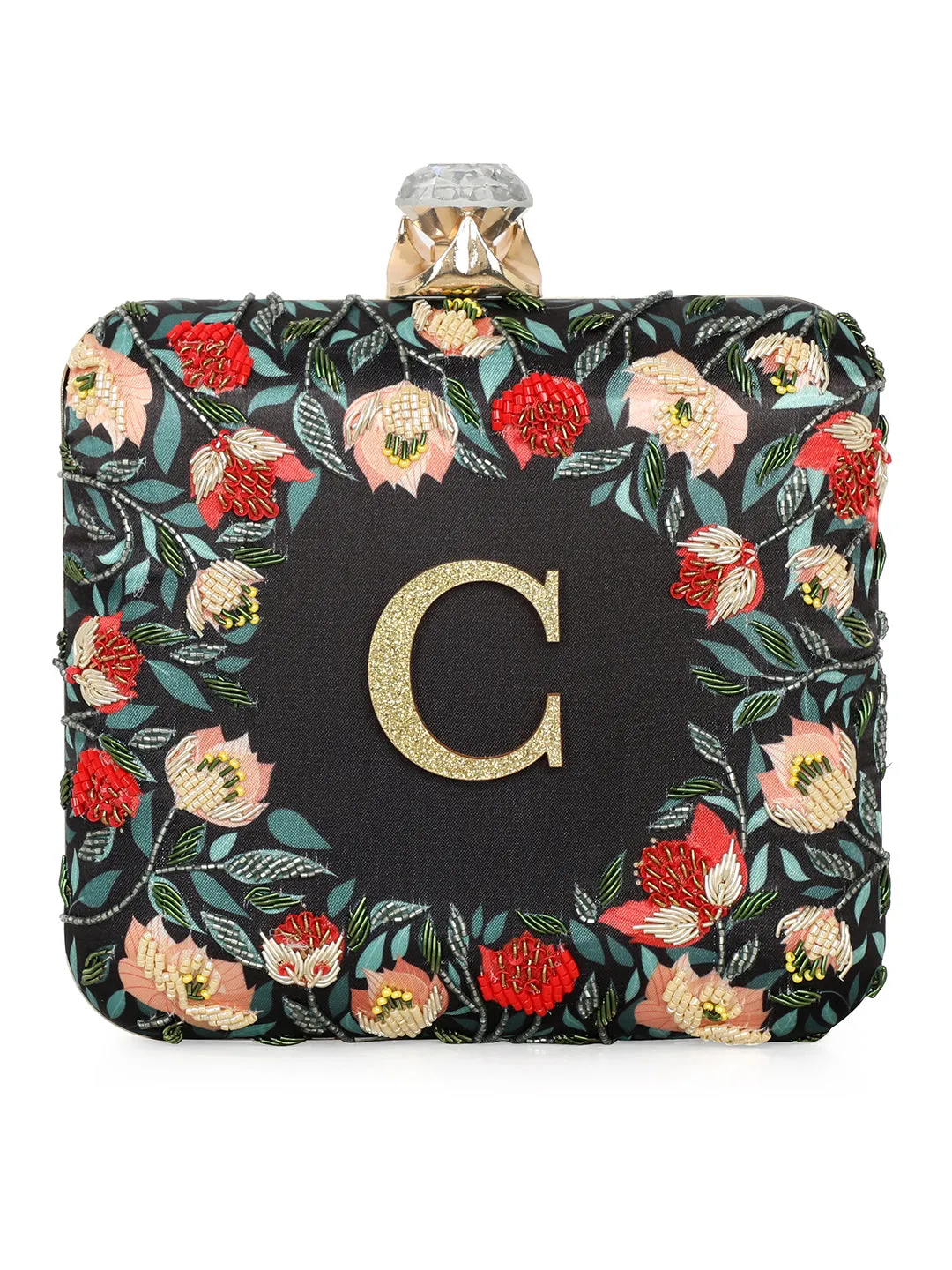 NR By Nidhi Rathi Black & Red Embellished Box Clutch