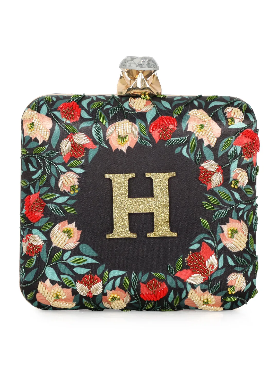 NR By Nidhi Rathi Black & Red Embellished Box Clutch
