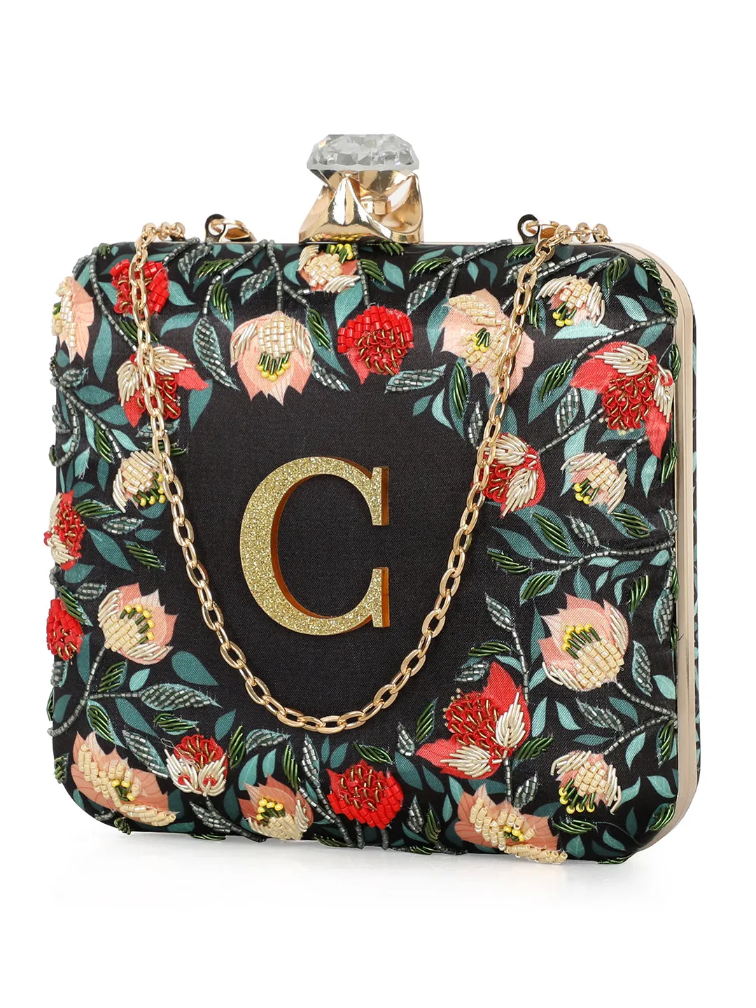 NR By Nidhi Rathi Black & Red Embellished Box Clutch