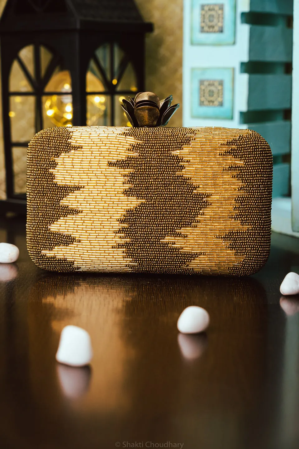 NR By Nidhi Rathi Copper-Toned Beige Embellished Box Clutch