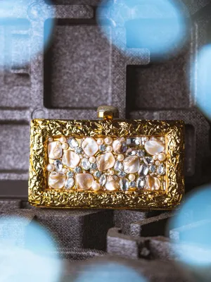 NR By Nidhi Rathi Gold-Toned White Embellished Box Clutch