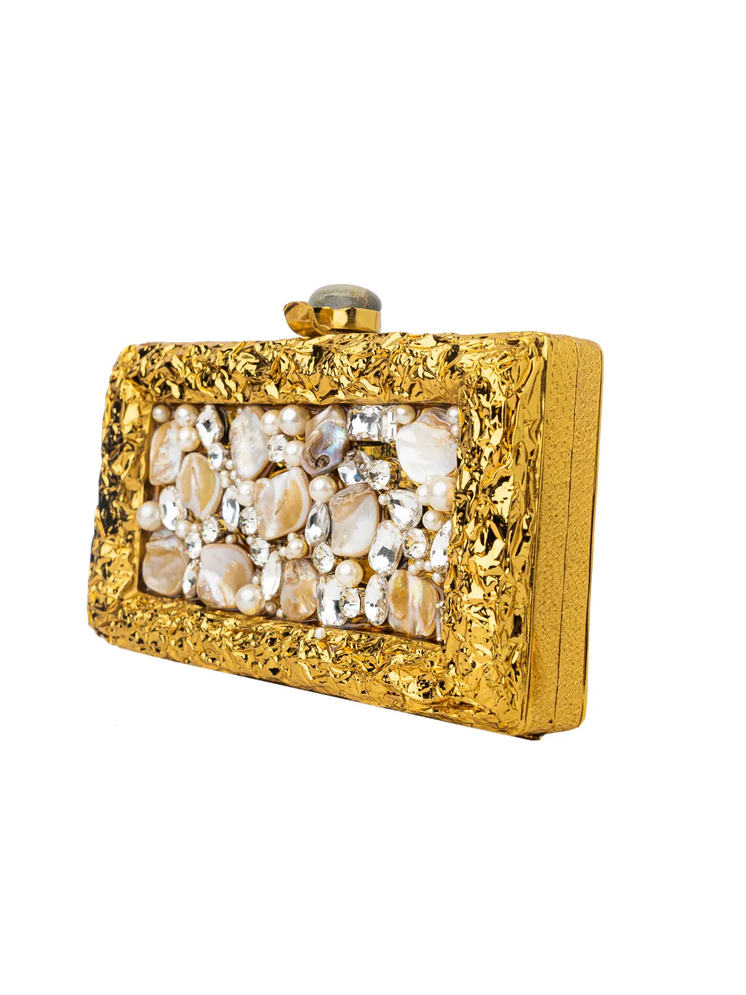 NR By Nidhi Rathi Gold-Toned White Embellished Box Clutch