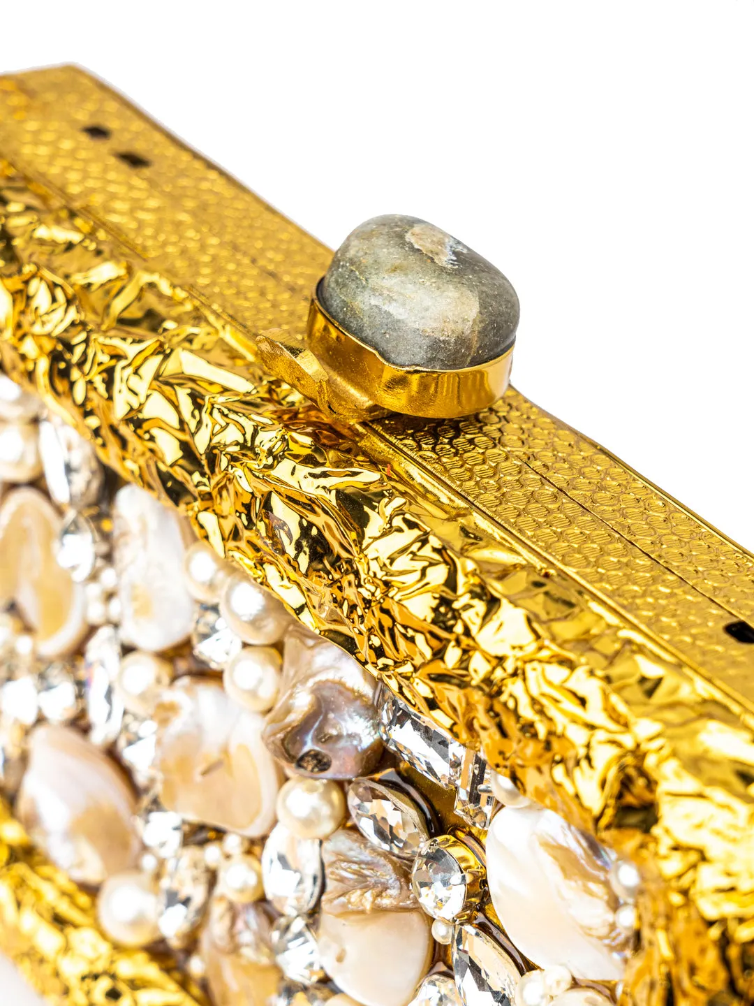 NR By Nidhi Rathi Gold-Toned White Embellished Box Clutch