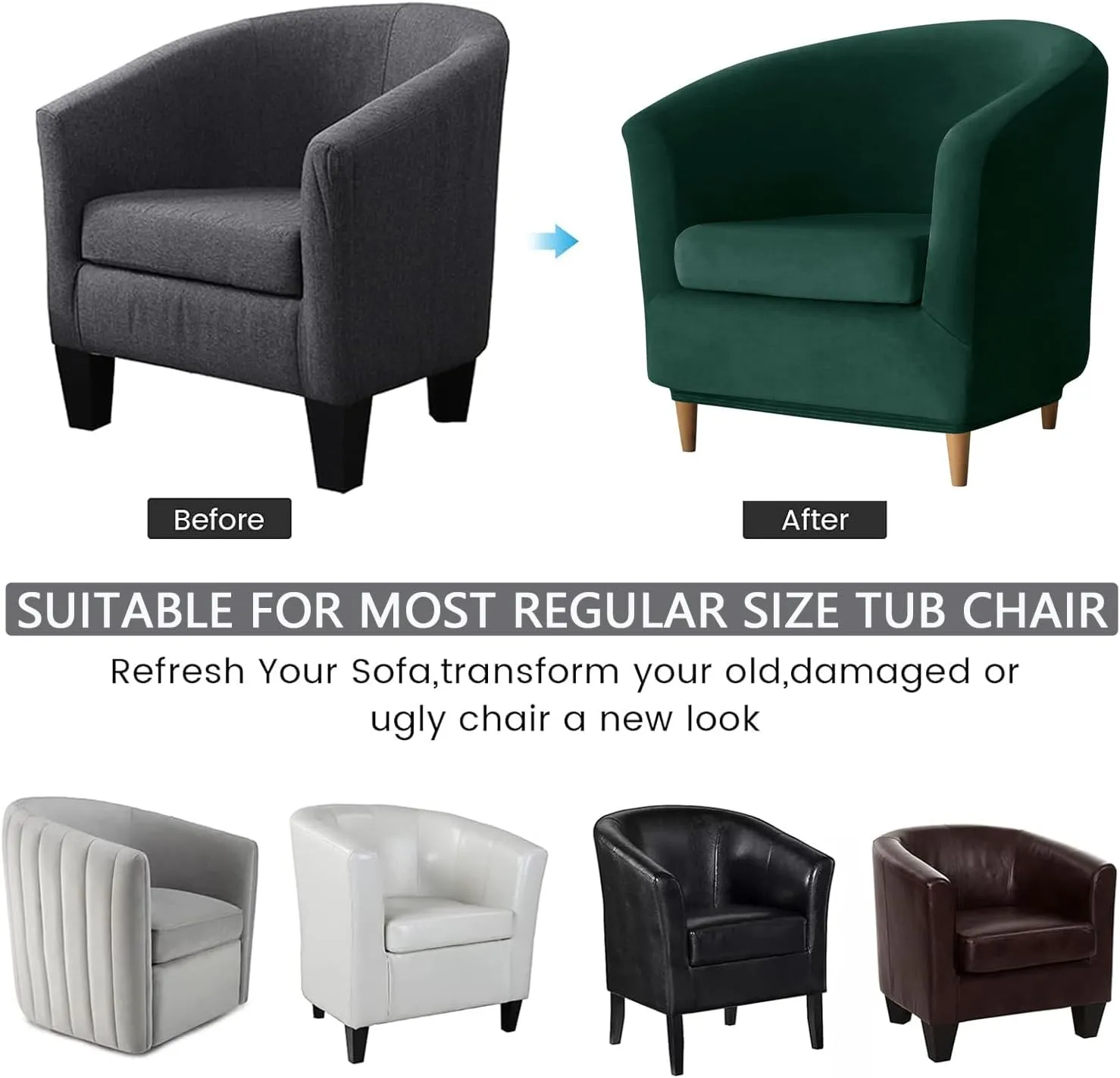 OBCREAT Club Chair Slipcovers, Stretch Armchair Covers Soft Velvet Tub Chair Cover 2 Pieces Sofa Covers Arm Chair Couch Cover Furniture Protector (Dark Green)