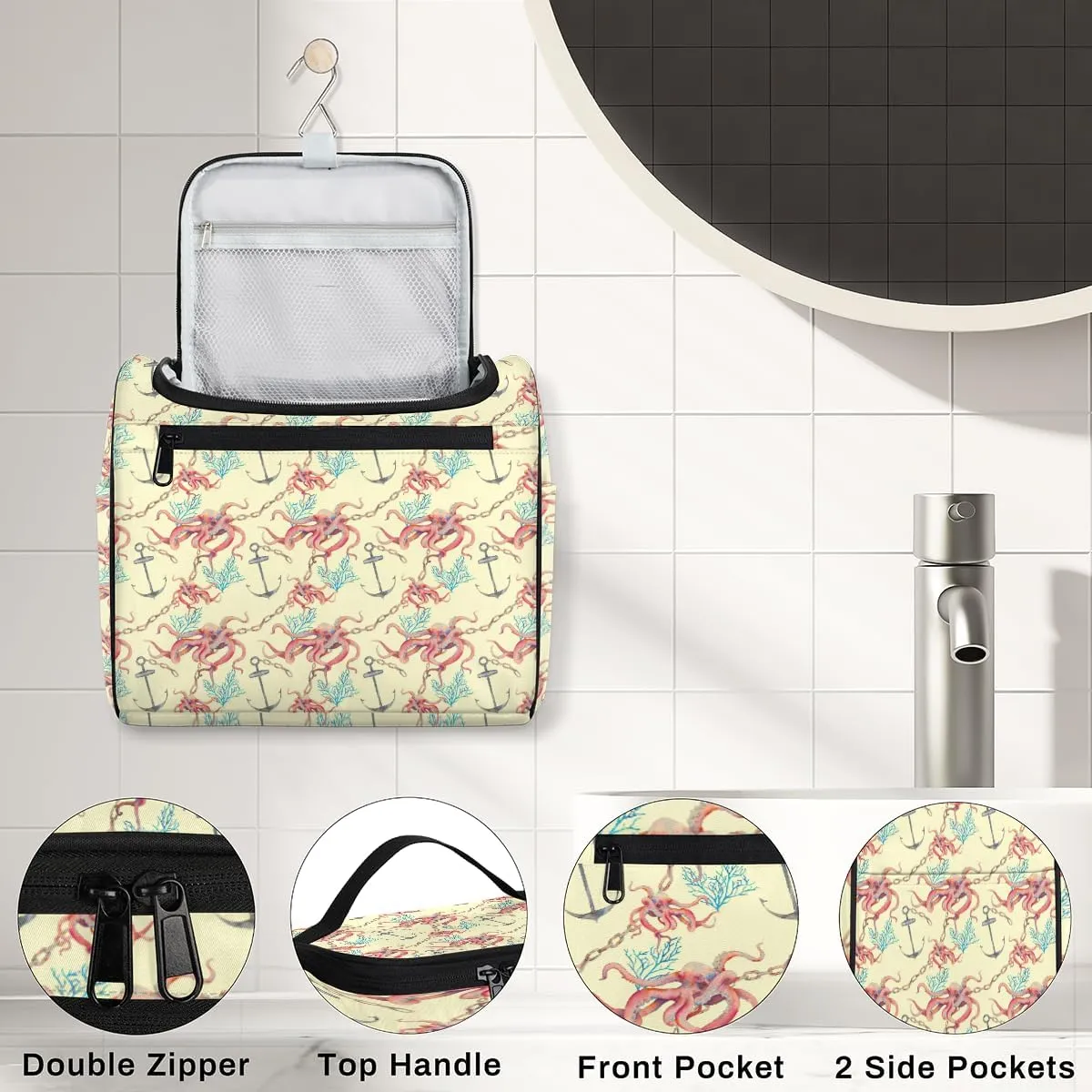 Octopus Large Travel Toiletry Bag for Women, Travel Organizer for Toiletries, Waterproof Makeup Cosmetic Bag with Handle