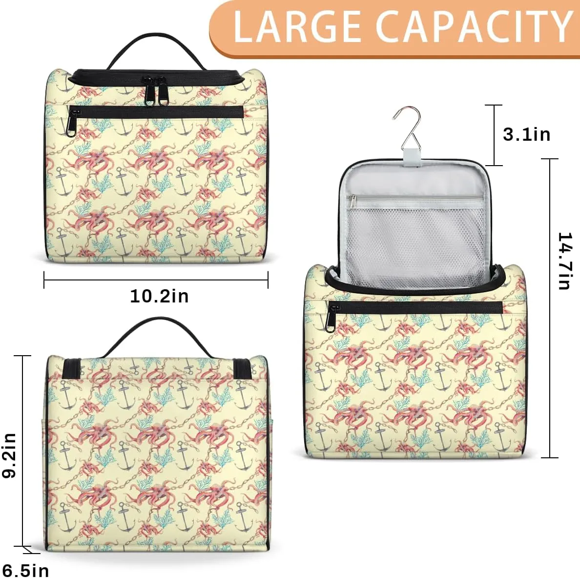 Octopus Large Travel Toiletry Bag for Women, Travel Organizer for Toiletries, Waterproof Makeup Cosmetic Bag with Handle
