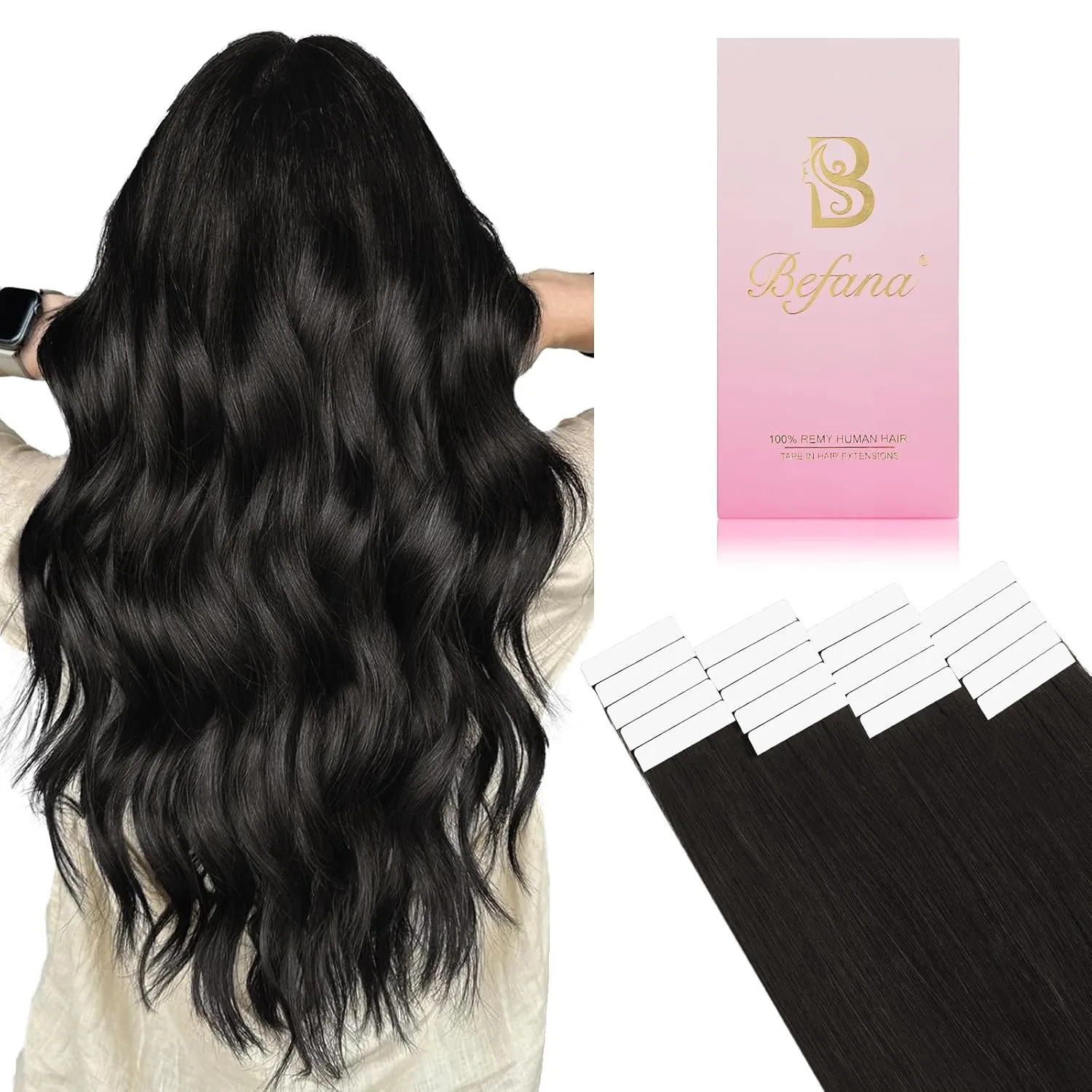 Off Black Tape in Hair Extensions Human Hair,20 inches Natural Black Human Hair Extensions,Seamless Invisible Straight Silky Skin 20 Pcs 50g Tape ins #1B