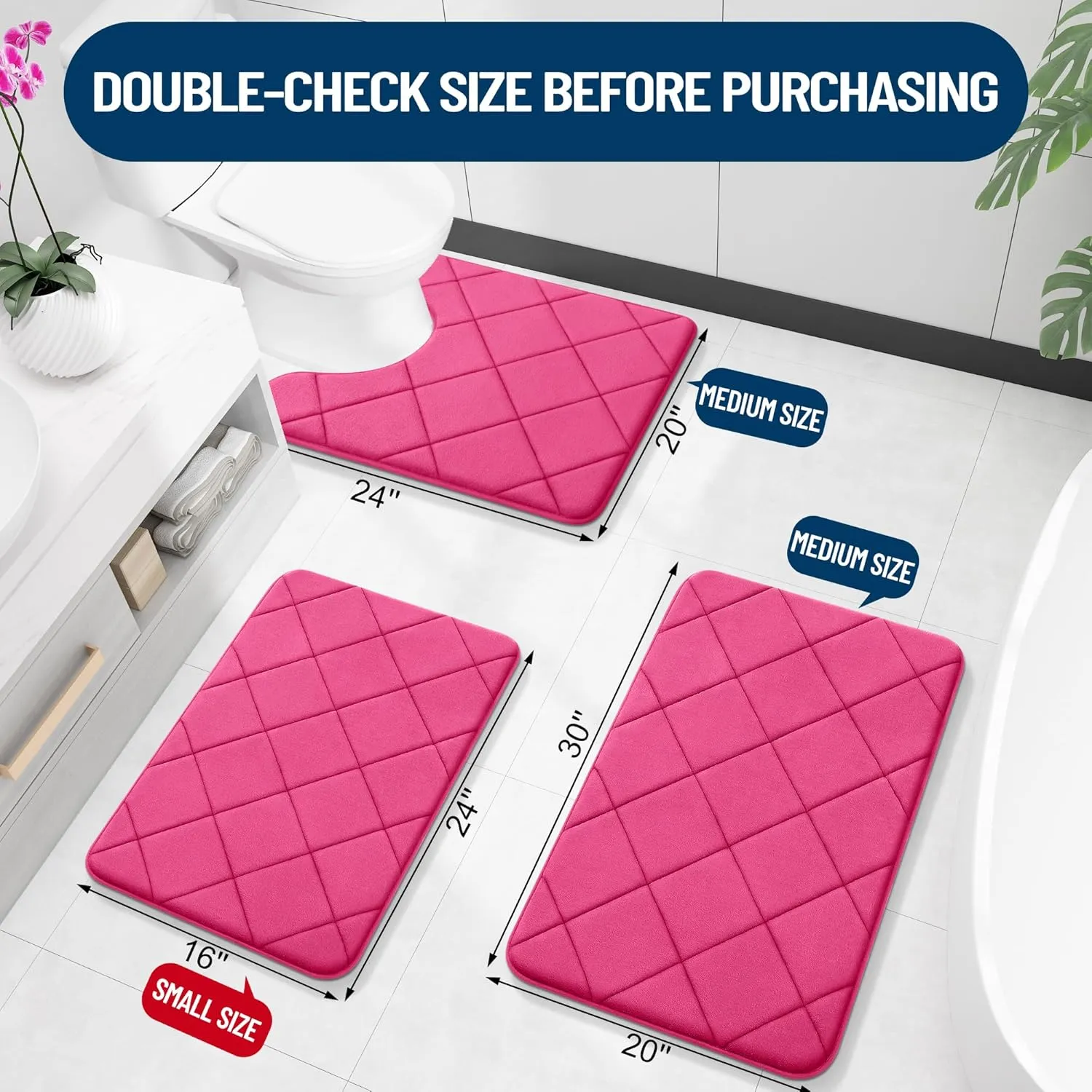 OLANLY Memory Foam Bath Mat 24x16, Ultra Soft and Absorbent Bathroom Rugs, Machine Washable, Comfortable Bath Carpet for Bathroom Floor, Tub and Shower, Deep Pink