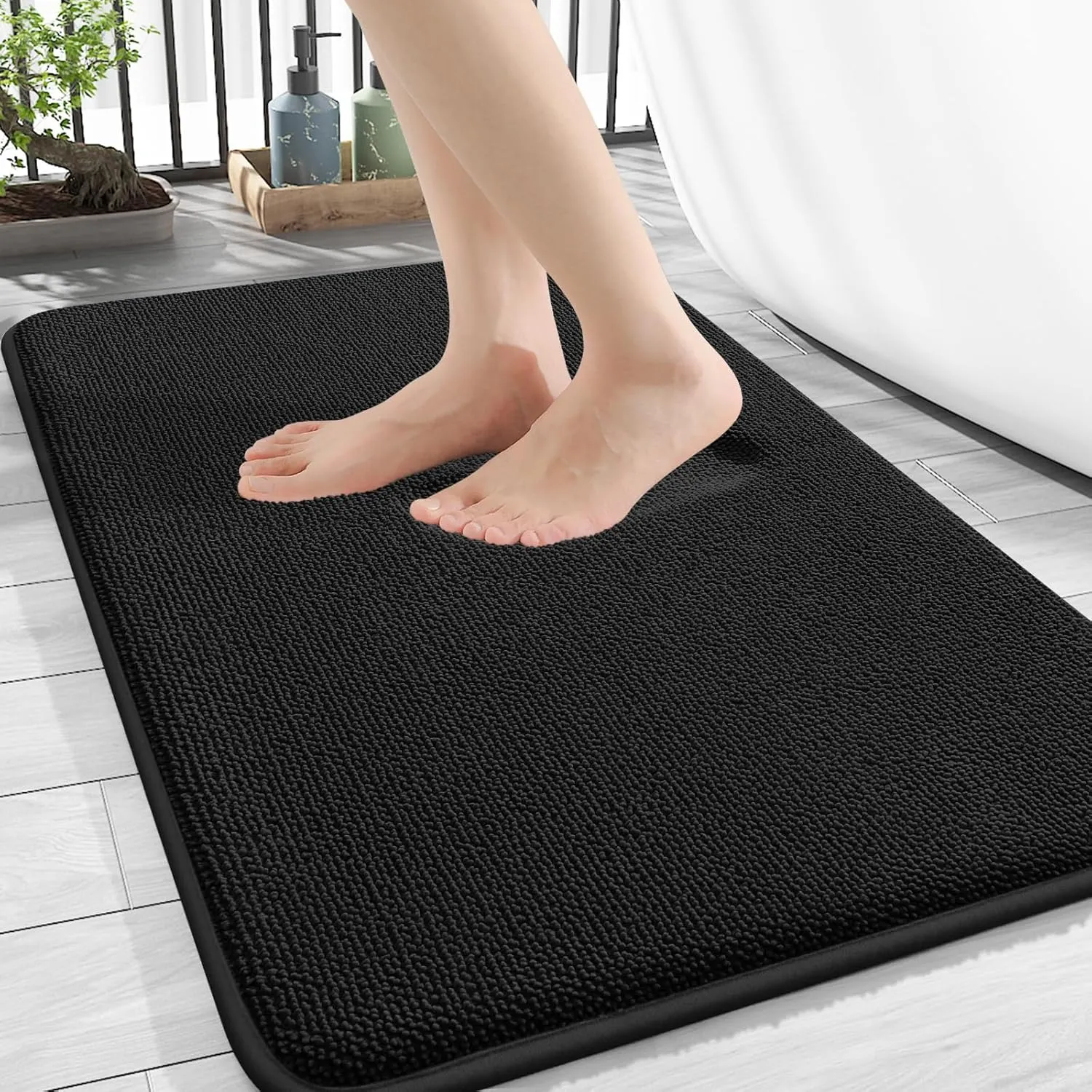 OLANLY Thick Memory Foam Bath Mat Rug 30x20, Extra Soft Absorbent Bathroom Rug, Quick Dry Bath Mats, Non-Slip, Machine Washable Carpet for Bathroom, Tub and Shower, Home Decor Accessories, Black