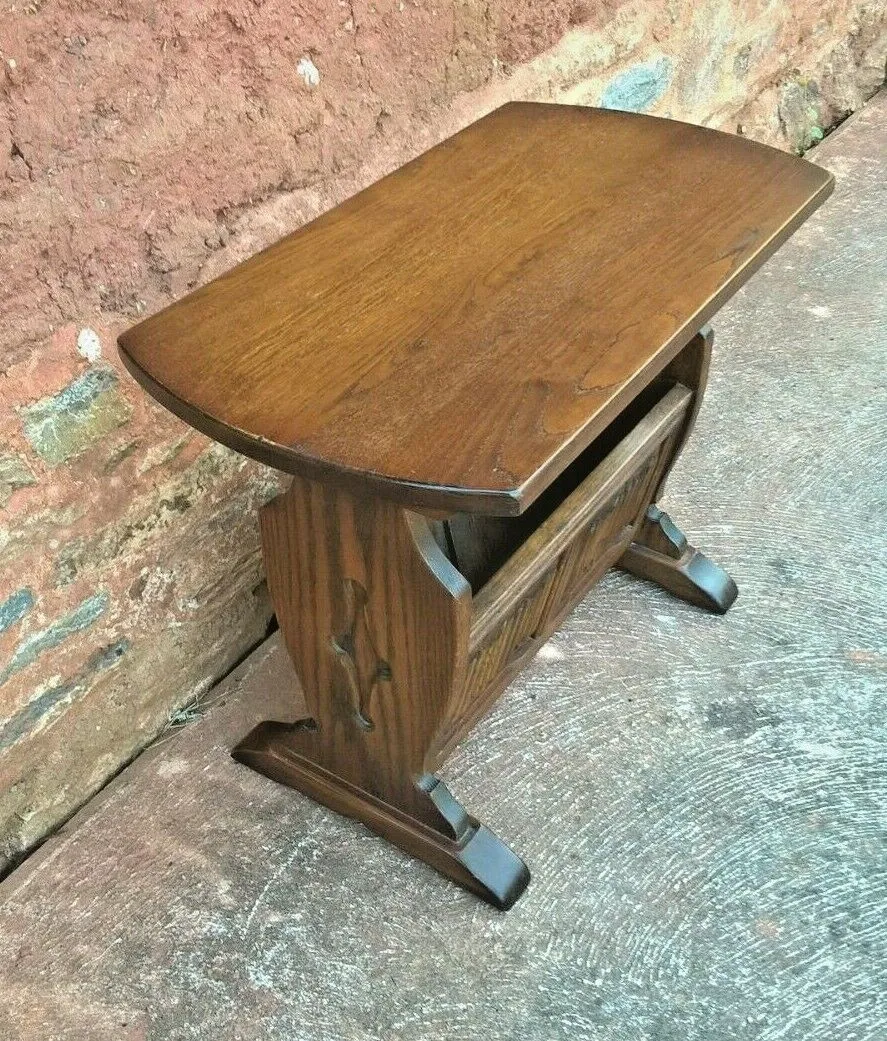 Old Charm Magazine Rack Table / Carved Oak End Table