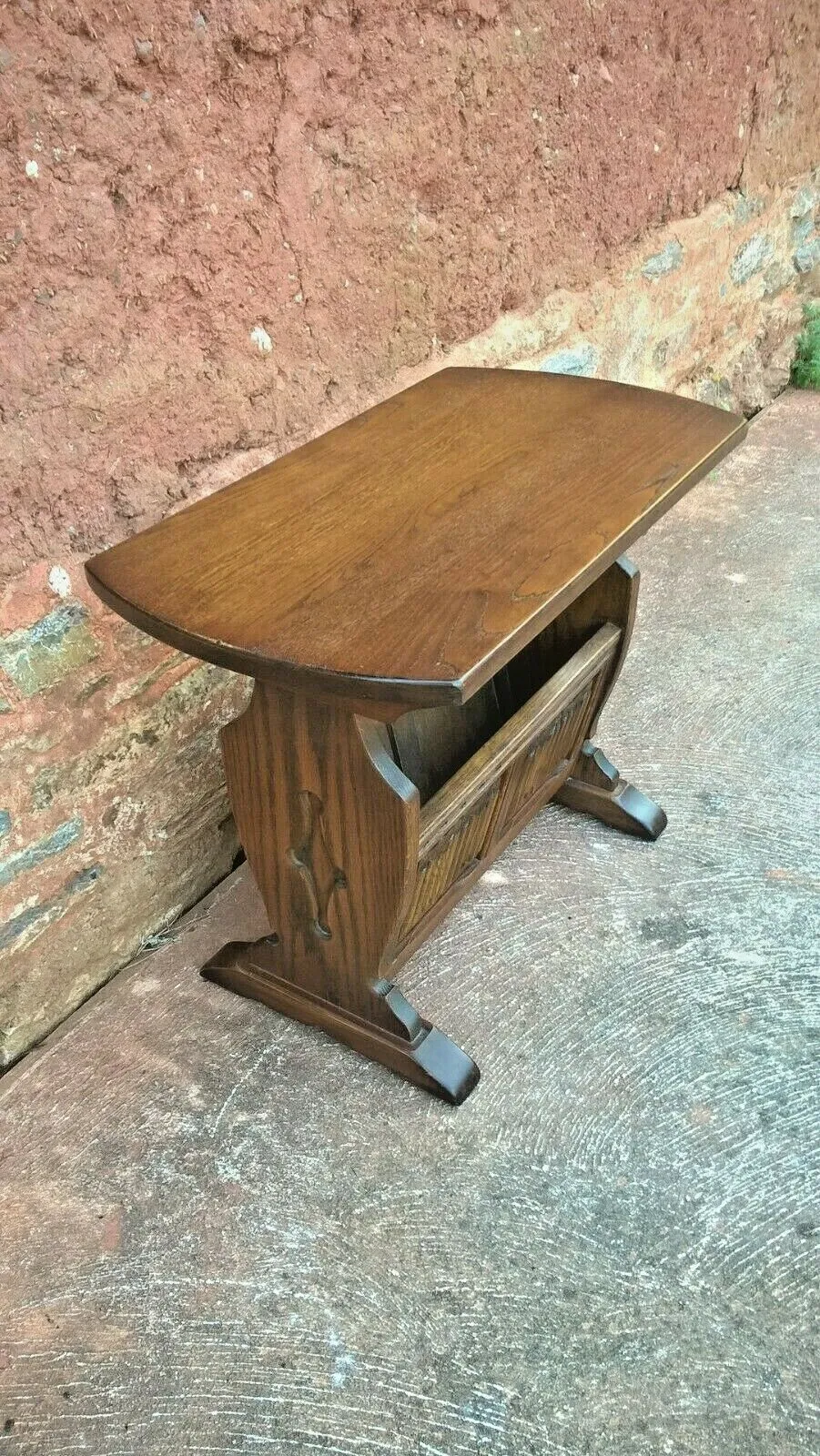 Old Charm Magazine Rack Table / Carved Oak End Table