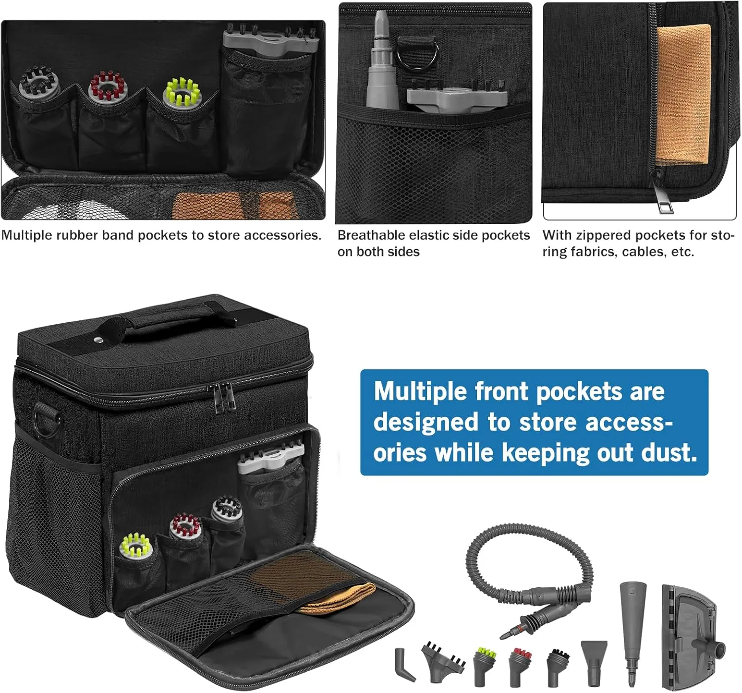 ORKELS Adjustable Carry Bag for Bissell SteamShot 39N7V/39N7A - Storage Bag with Multiple Compartments & Extra Pockets for Accessories - Handheld Steam Cleaner Organizer, Black