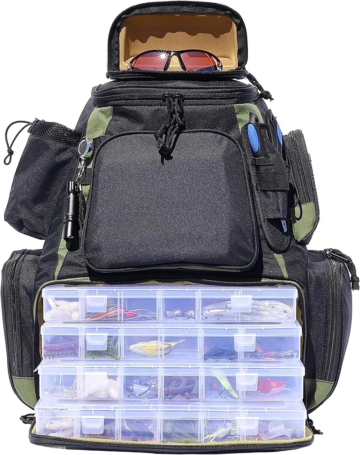 OSAGE RIVER Fishing Backpack, Fits 4 Large Tackle Boxes MOLLE Webbing Rod Holder Waterproof Cover, Includes Pliers Flashlight
